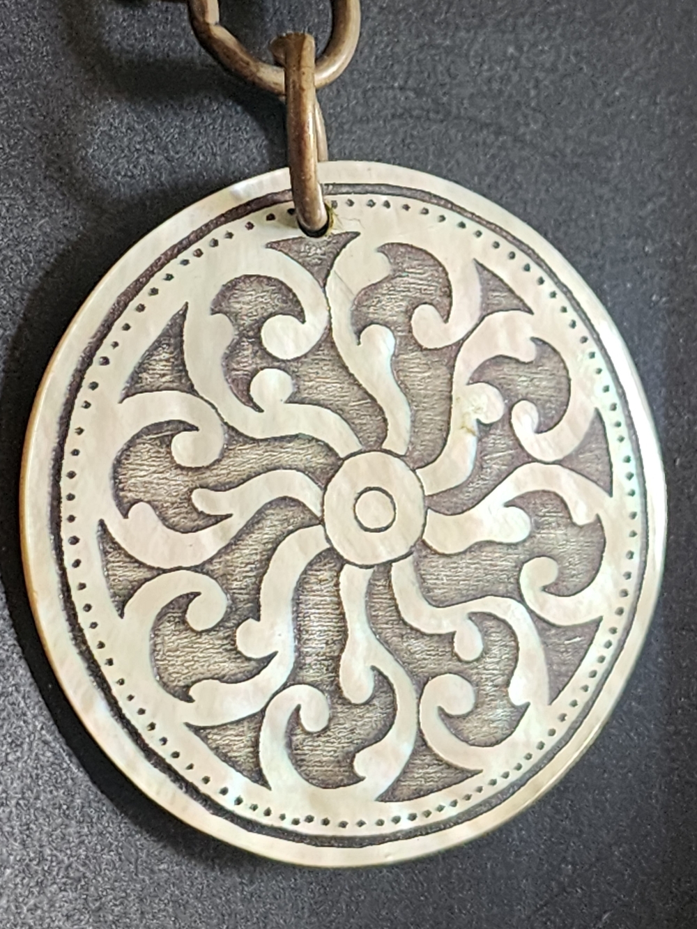 Hand-Carved Iridescent MOP Sunburst Pendant Brass Necklace Flower Of Life